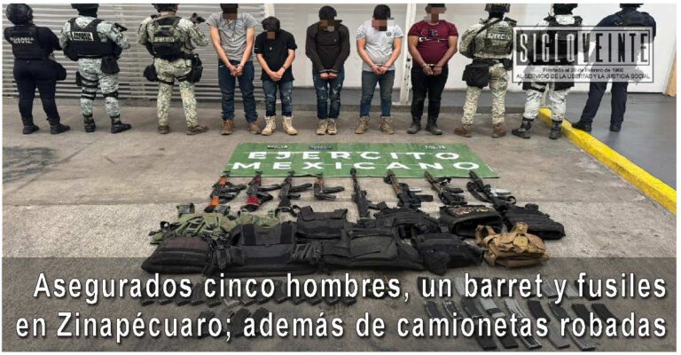 Asegurados cinco hombres, un barret y fusiles en Zinapécuaro; además de camionetas robadas
