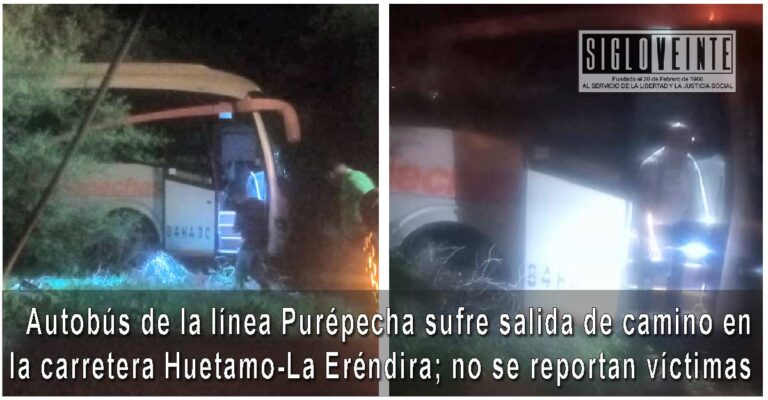 Autobús de la línea Purépecha sufre salida de camino en la carretera Huetamo-La Eréndira; no se reportan víctimas
