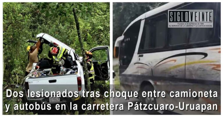 Dos lesionados tras choque entre camioneta y autobús en la carretera Pátzcuaro-Uruapan