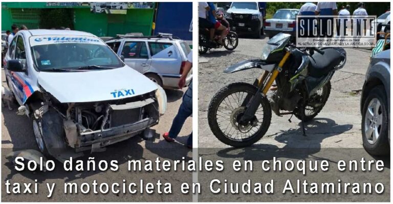 Solo daños materiales en choque entre taxi y motocicleta en Ciudad Altamirano