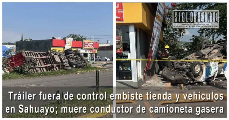 Tráiler fuera de control embiste tienda y vehículos en Sahuayo; muere conductor de camioneta gasera