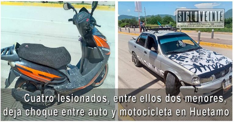 Cuatro lesionados, entre ellos dos menores, deja choque entre auto y motocicleta en Huetamo