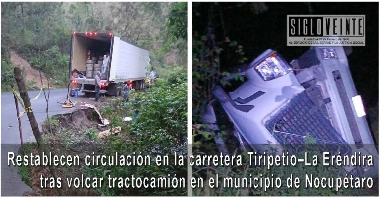 Restablecen circulación en la carretera Tiripetío–La Eréndira tras volcar tractocamión en el municipio de Nocupétaro