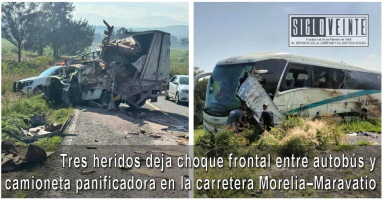 Tres heridos deja choque frontal entre autobús y camioneta panificadora en la carretera Morelia–Maravatío
