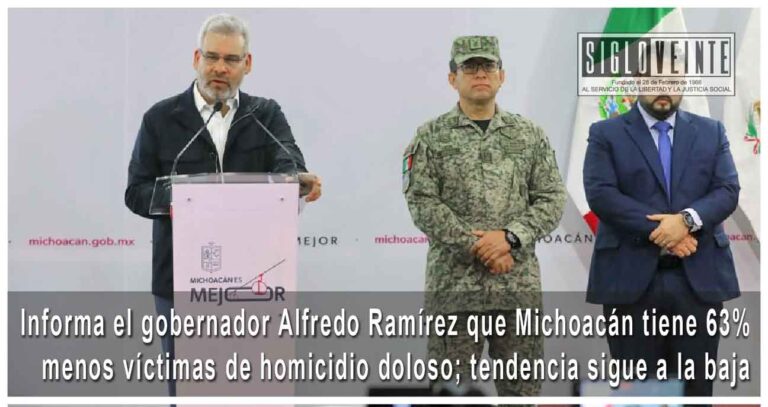 Informa el gobernador Alfredo Ramírez que Michoacán tiene 63% menos víctimas de homicidio doloso; tendencia sigue a la baja