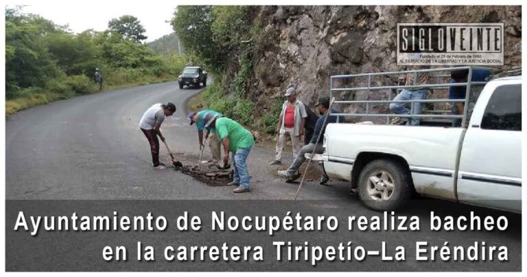 Ayuntamiento de Nocupétaro realiza bacheo en la carretera Tiripetío–La Eréndira