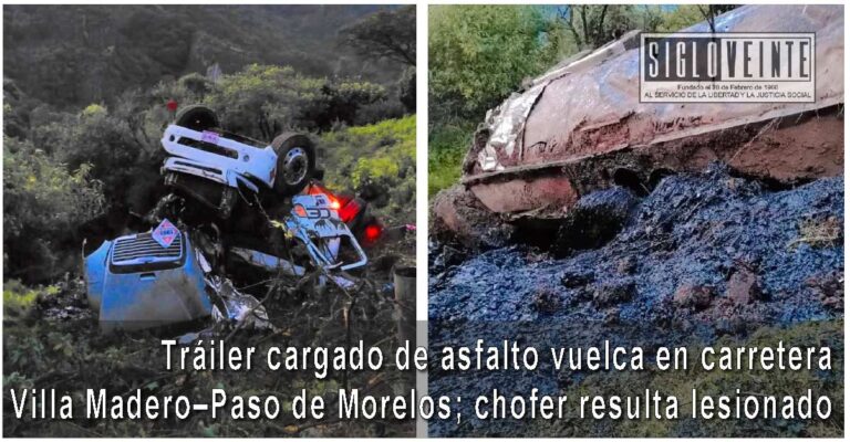 Tráiler cargado de asfalto vuelca en carretera Villa Madero–Paso de Morelos; chofer resulta lesionado