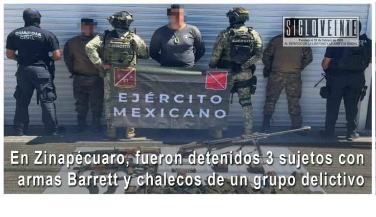 En Zinapécuaro, fueron detenidos 3 sujetos con armas Barrett y chalecos de un grupo delictivo