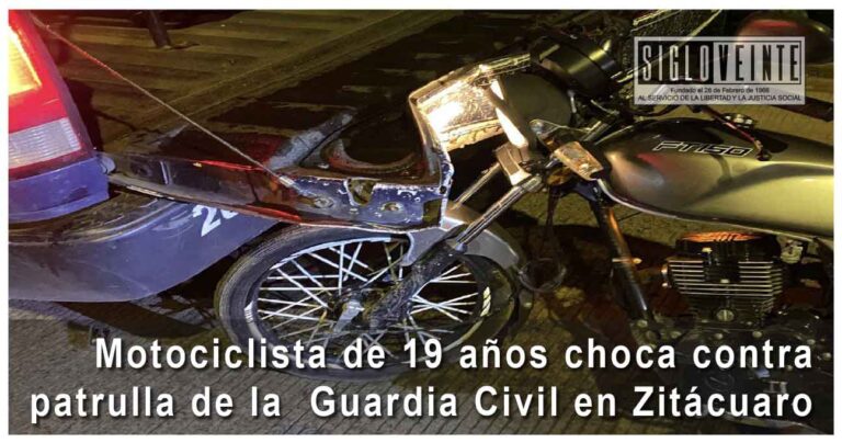 Motociclista de 19 años choca contra patrulla de la Guardia Civil en Zitácuaro; resulta herido