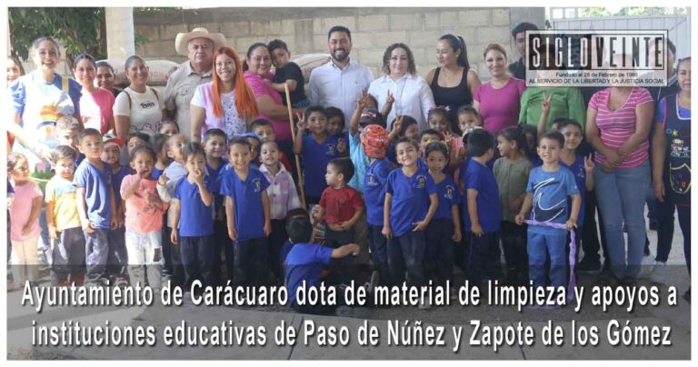 Ayuntamiento de Carácuaro dota de material de limpieza y apoyos a instituciones educativas de Paso de Núñez y Zapote de los Gómez