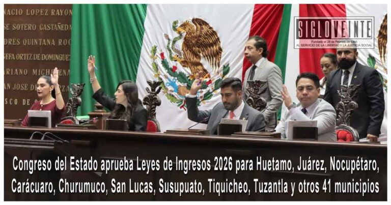 Congreso del Estado aprueba Leyes de Ingresos 2026 para Huetamo, Juárez, Nocupétaro, Carácuaro, Churumuco, San Lucas, Susupuato, Tiquicheo, Tuzantla y otros 41 municipios