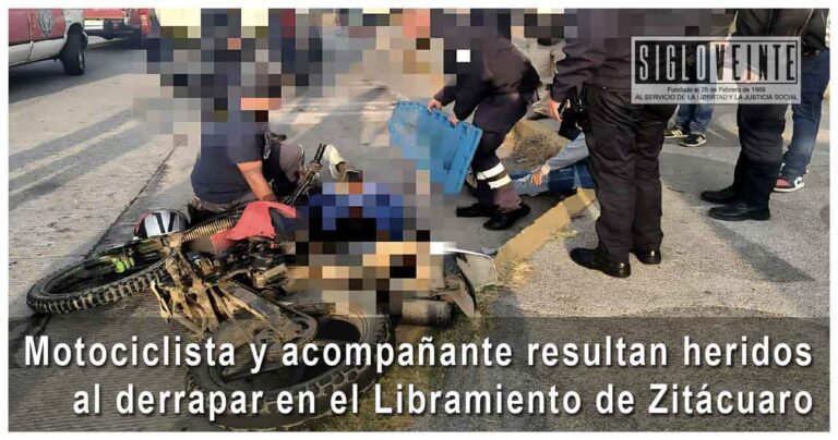 Motociclista y acompañante resultan heridos al derrapar en el Libramiento de Zitácuaro