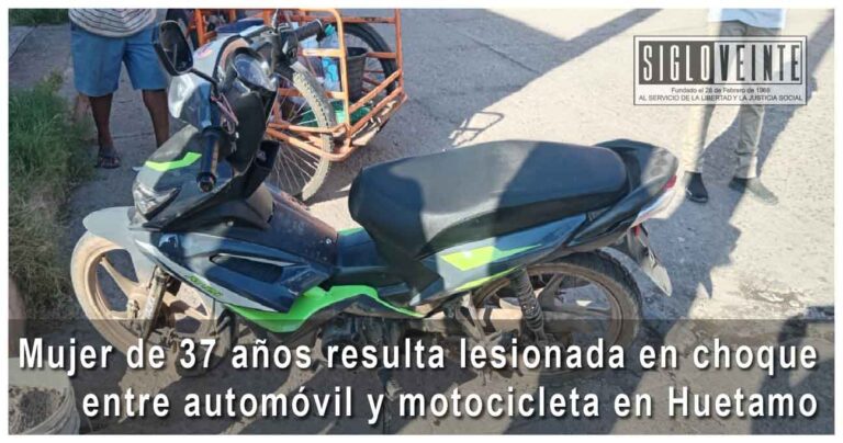 Mujer de 37 años resulta lesionada en choque entre automóvil y motocicleta en Huetamo