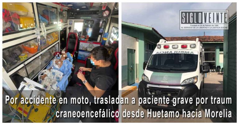 Por accidente en moto, trasladan a paciente grave por trauma craneoencefálico desde Huetamo hacia Morelia