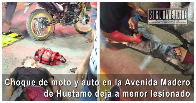 Choque de moto y auto en la Avenida Madero de Huetamo deja a menor lesionado