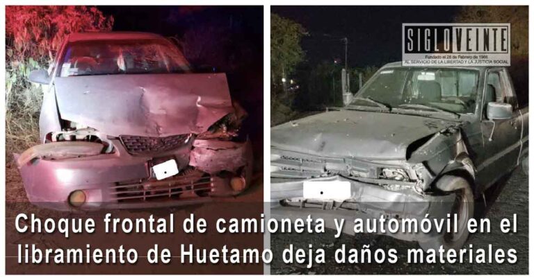 Choque frontal de camioneta y automóvil en el libramiento de Huetamo deja daños materiales