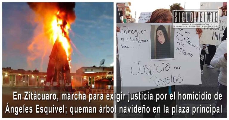 En Zitácuaro, marcha para exigir justicia por el homicidio de Ángeles Esquivel; queman árbol navideño en la plaza principal