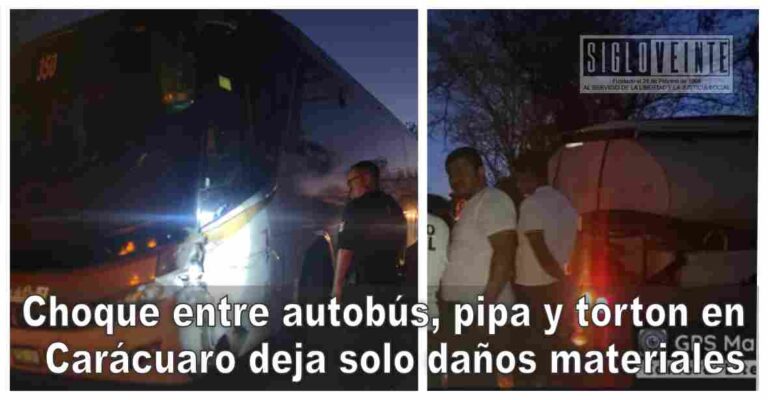 Choque entre autobús, pipa y torton en Carácuaro deja solo daños materiales