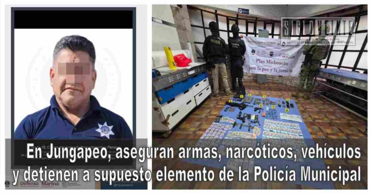 En Jungapeo, aseguran armas, narcóticos, vehículos y detienen a supuesto elemento de la Policía Municipal