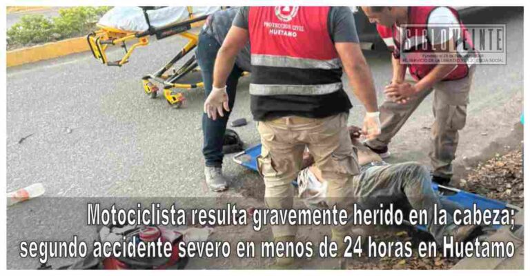 Motociclista resulta gravemente herido en la cabeza; segundo accidente severo en menos de 24 horas en Huetamo