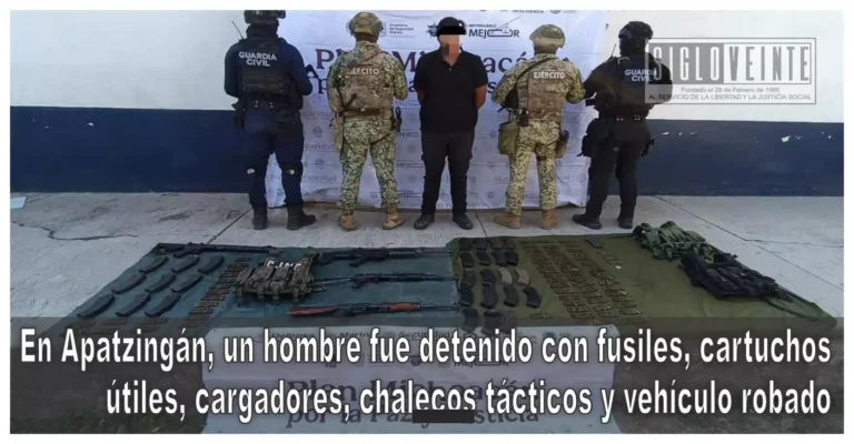 En Apatzingán, un hombre fue detenido con fusiles, cartuchos útiles, cargadores, chalecos tácticos y vehículo robado