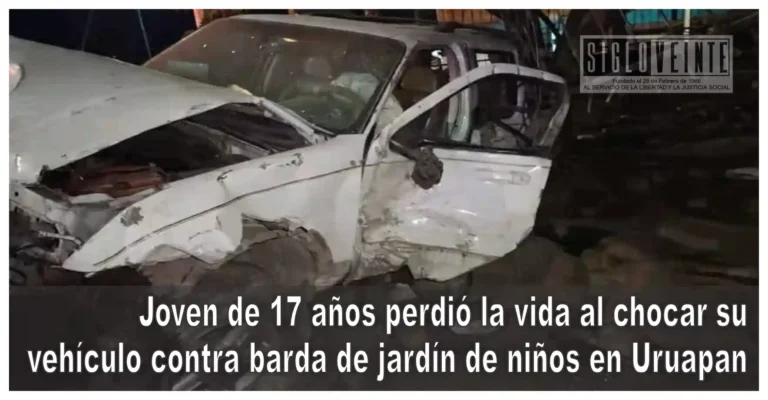 Joven de 17 años perdió la vida al chocar su vehículo contra barda de un jardín de niños en Uruapan