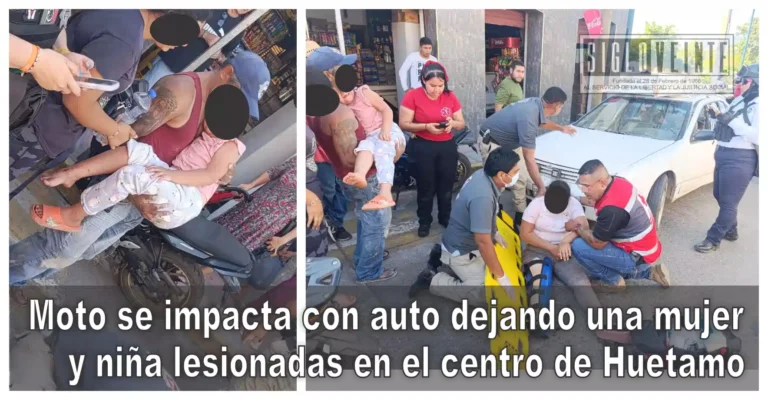 Moto se impacta con auto dejando una mujer y niña lesionadas en el centro de Huetamo