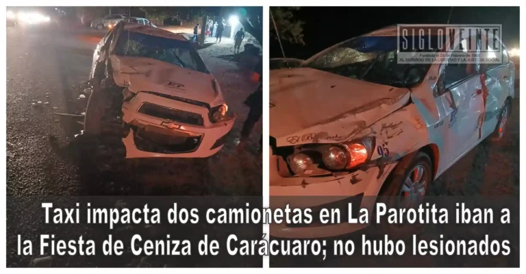 Taxi impacta dos camionetas en La Parotita iban a la Fiesta de Ceniza de Carácuaro; no hubo lesionados