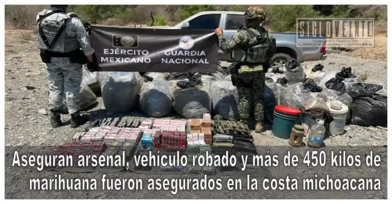 Aseguran arsenal, vehículo robado y más de 450 kilos de marihuana fueron asegurados en la costa michoacana