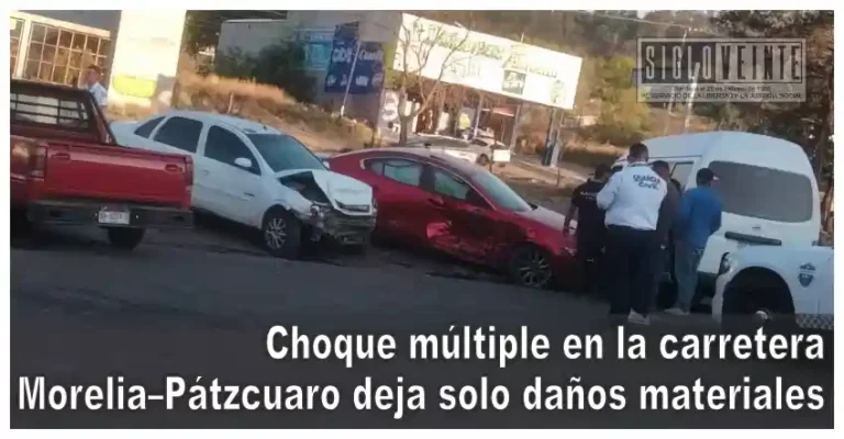 Choque múltiple en la carretera Morelia–Pátzcuaro deja solo daños materiales