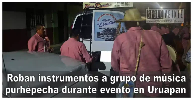 Roban instrumentos a grupo de música purhépecha durante evento en Uruapan