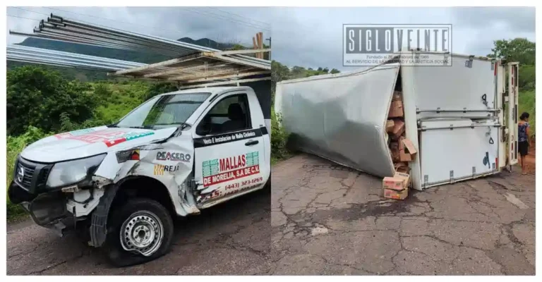 Camión de carga y camioneta chocan en la carretera de Tiquicheo a Tuzantla