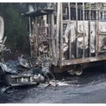 Camión queda calcinado en la carretera Huetamo–Tiquicheo; conductor resulta ileso