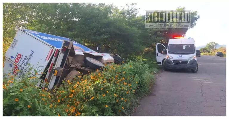 Vuelca unidad de Bimbo en la carretera Huetamo–San Lucas; un hombre resulta lesionado